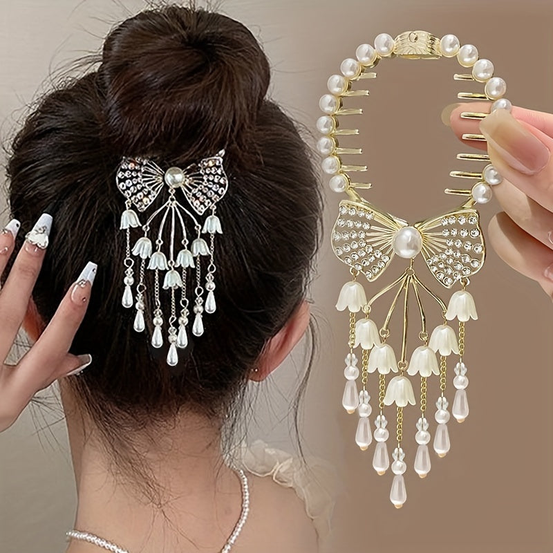 Vintage White Rhinestone Imitation Pearl Hairpin for Bun Hairstyles