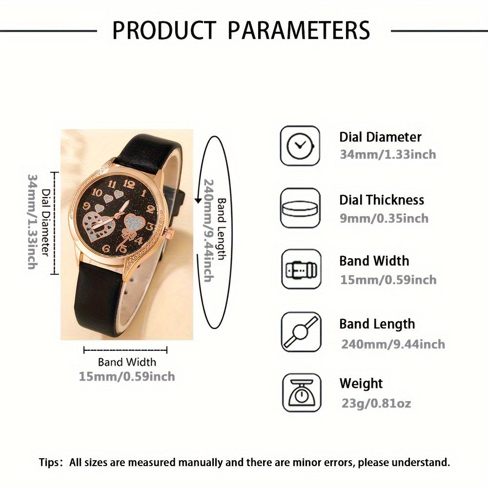 6 ta ayollar uchun qora PU charm, rhinestone zargarlik va opp sumkali moda kvarts soat to'plami