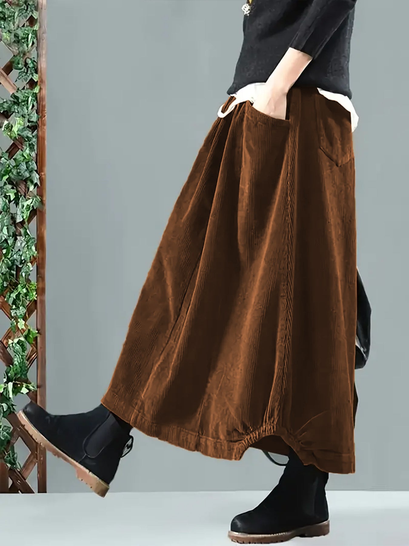 Plus Size Women’s Brown Maxi Skirt With Pockets Elastic Waist Casual