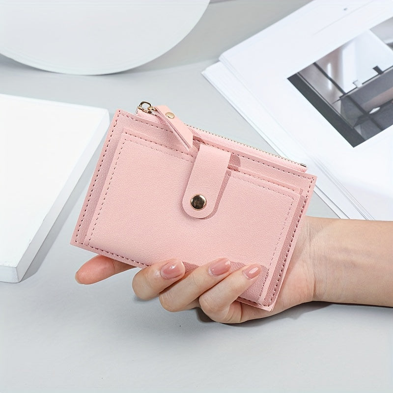 Women's Bifold Wallet with Zipper Snap Button in Pink Blue Black Light Brown PU Material