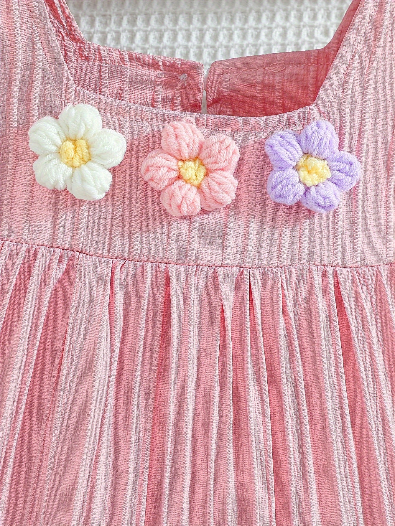 Girls' Light Blue Summer Dress with 3D Floral Embellishments Ruffle Sleeves Knee Length