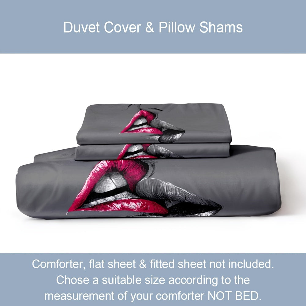 Couple Bedding Set with Crimson Lips Kissing Sketch Duvet Cover and Pillowcases