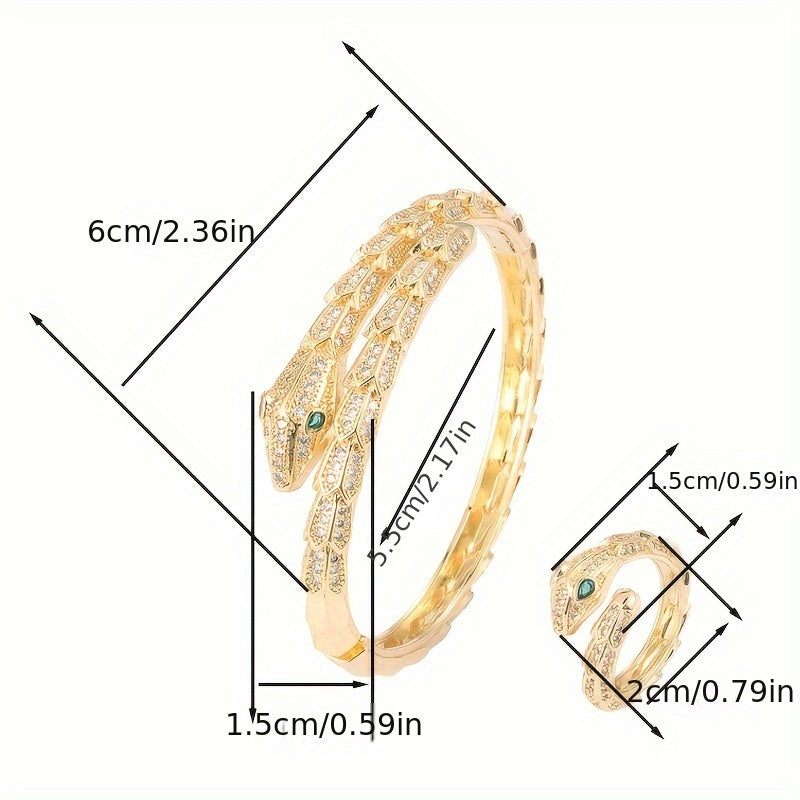 Women's Serpent-Inspired Jewelry Set with Zirconia Bracelet and Ring
