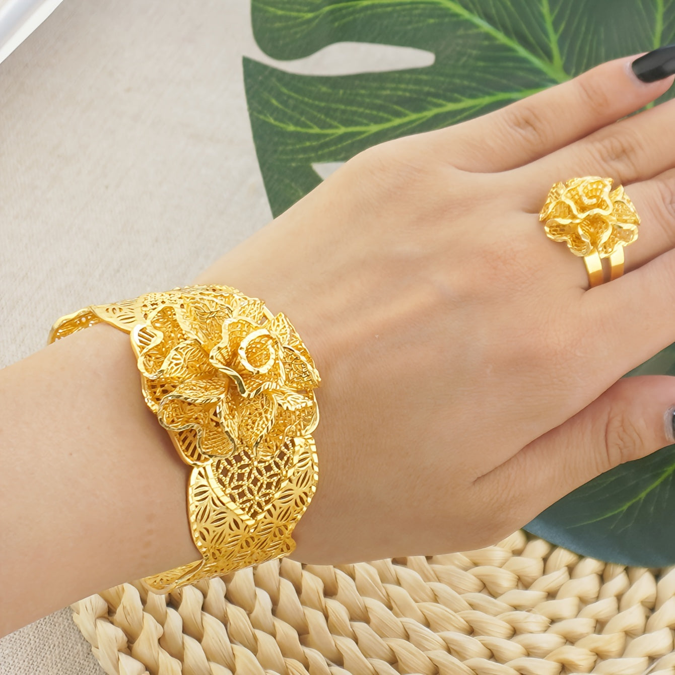 Gold Plated Copper Flower Jewelry Set for Women Wedding Bridal Gift