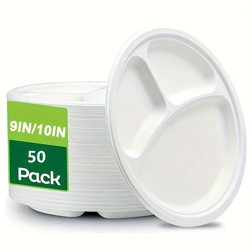 Set of 50 Biodegradable Disposable Paper Plates 9/10 Inch 3 Compartments for Parties