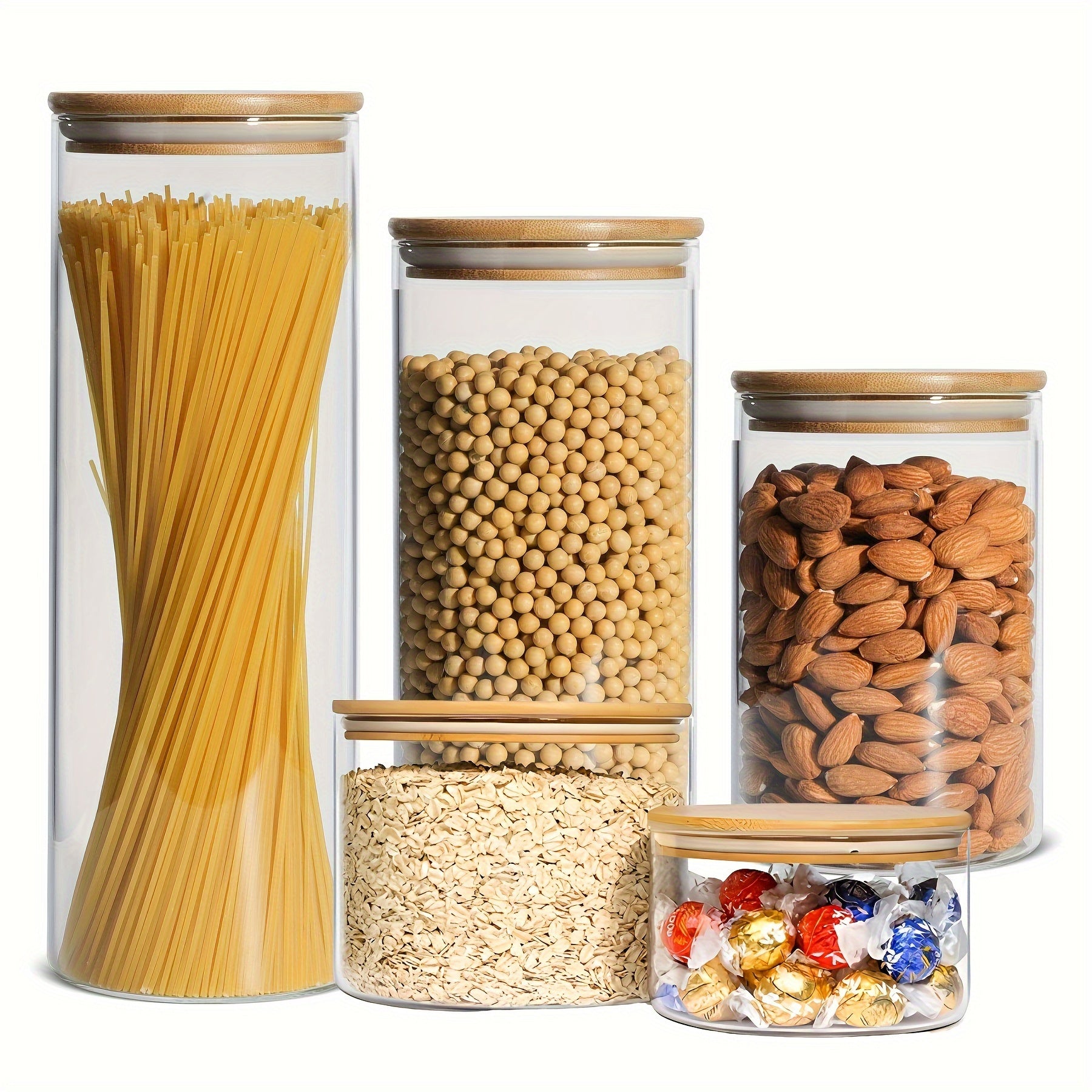 Set of 5 Glass Food Storage Jars with Bamboo Lids, Airtight, Large Capacity