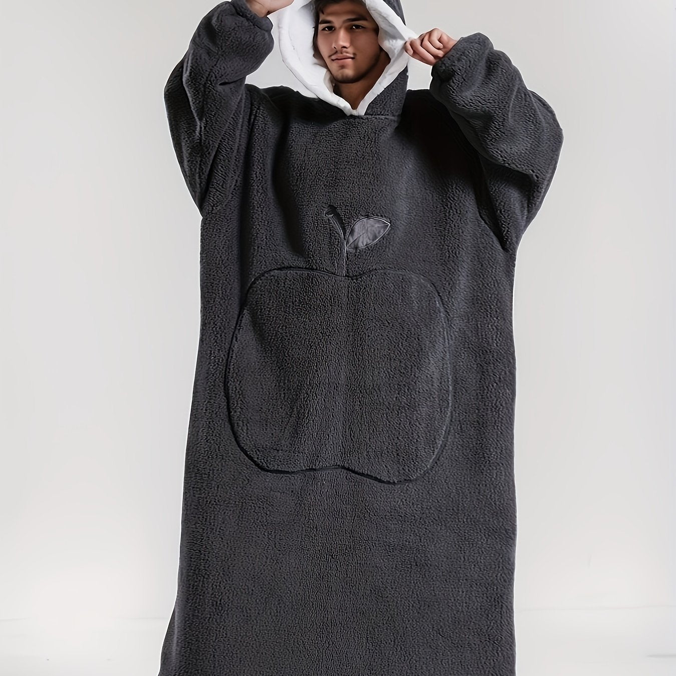 Oversized Hooded Robe for Women with Apple Embroidery Polyester Fleece Loose Fit Fall Winter
