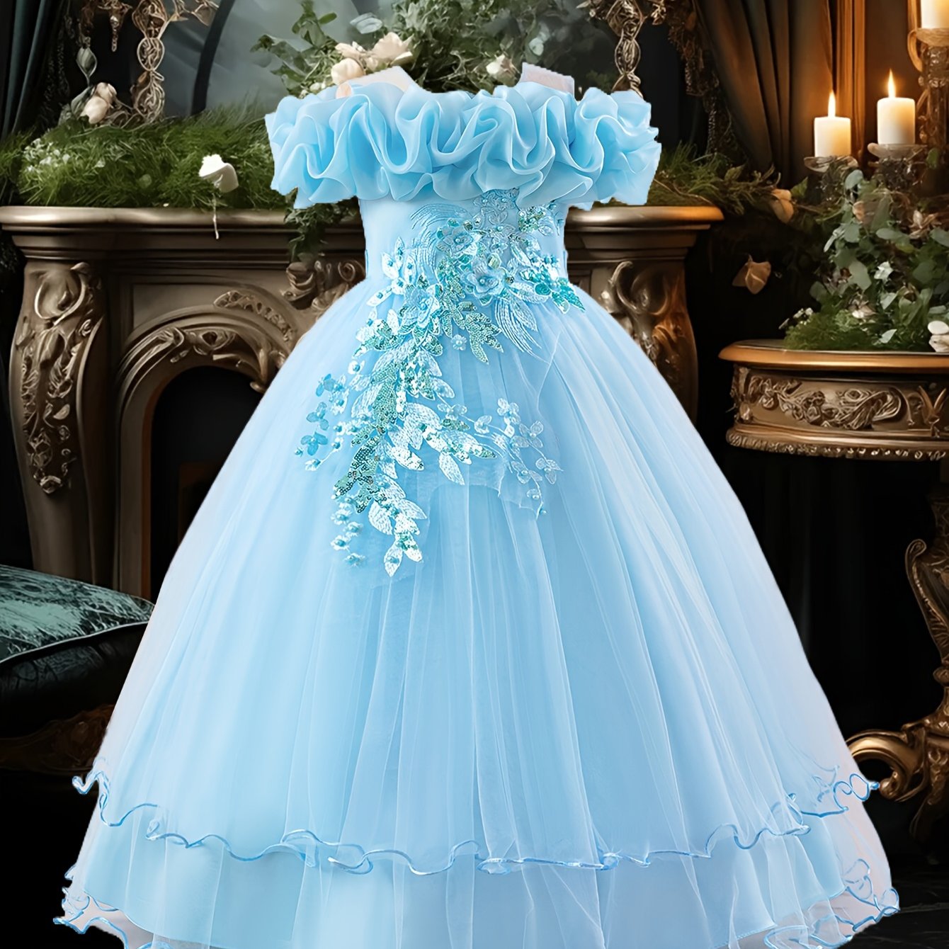 Girls' Long Embroidered Off-Shoulder Princess Dress with Pearl Tassels for Weddings and Parties