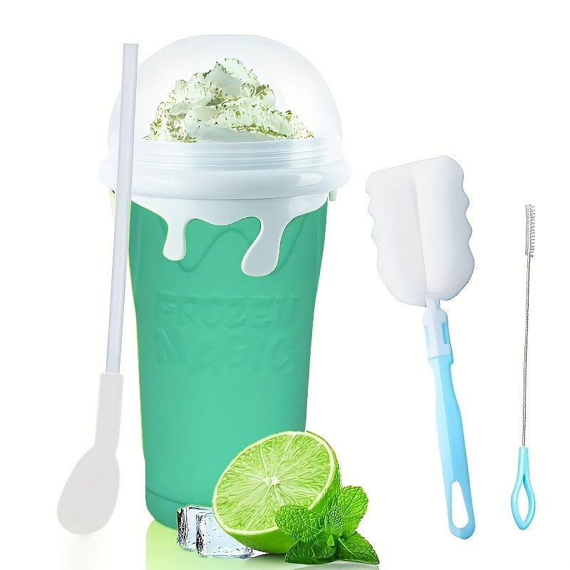 1 dona Silikon Slushy Cup Maker bilan qopqoq, quvur va cho'tkalar bilan - 16.91oz Ikki qatlamli tez muzlatish uchun siqish kubogi - dumaloq shakl, Oila va do'stlar uchun ideal sovg'a, yozgi ichimliklar uchun