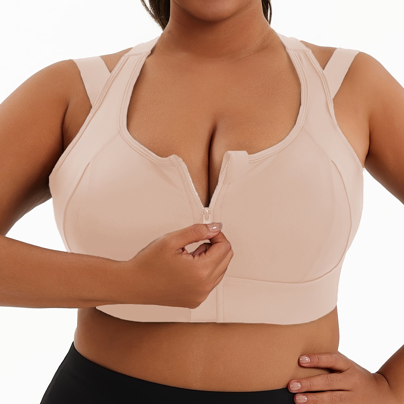 Women Plus Size Sports Bra with Cross Back Removable Pads and Front Zipper Black