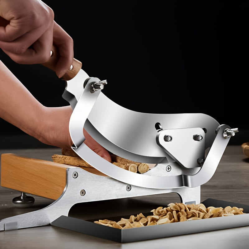 Stainless Steel Chinese Medicine Slicer with Adjustable Handle and Wooden Base