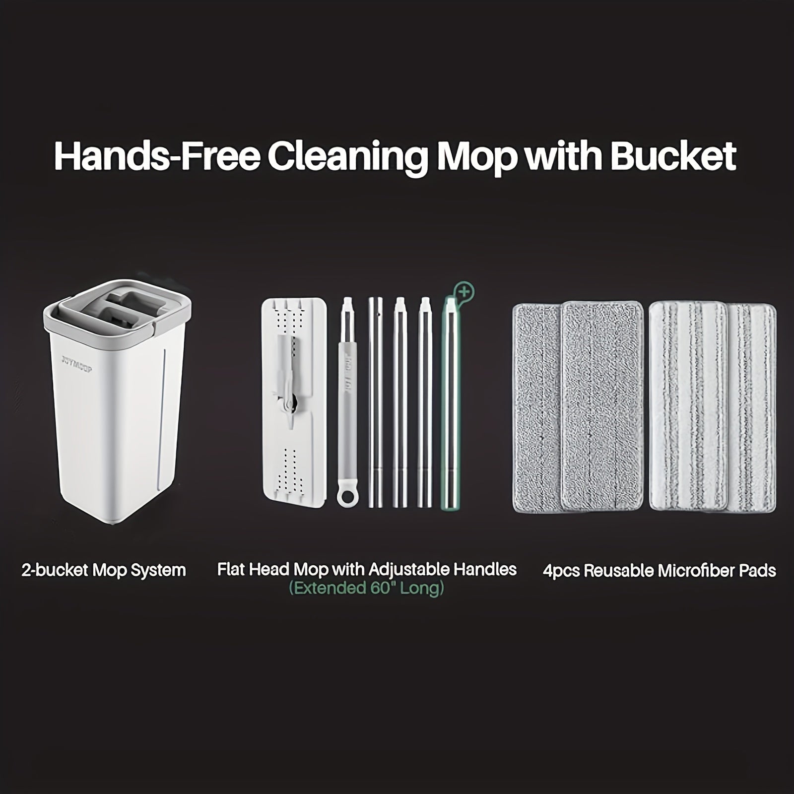 "Leni Mop va Chelak To'plami - 1 Dona, Suv Siqish, Qayta ishlatiladigan Mikrofiber Padlar bilan 60-Diagonal Mop va 4 Dona Mikrofiber Padlar bilan birga keladi. Qo'l bilan ishlatilmaydigan Pol Tozalash To'plami kiritilgan."