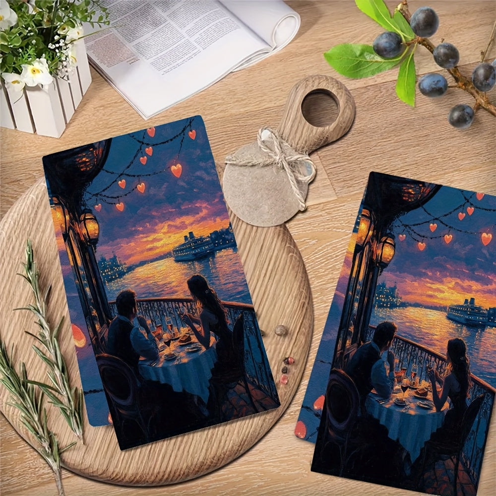 Set of 2 Soft Kitchen Towels with Romantic Dinner Cruise Scene
