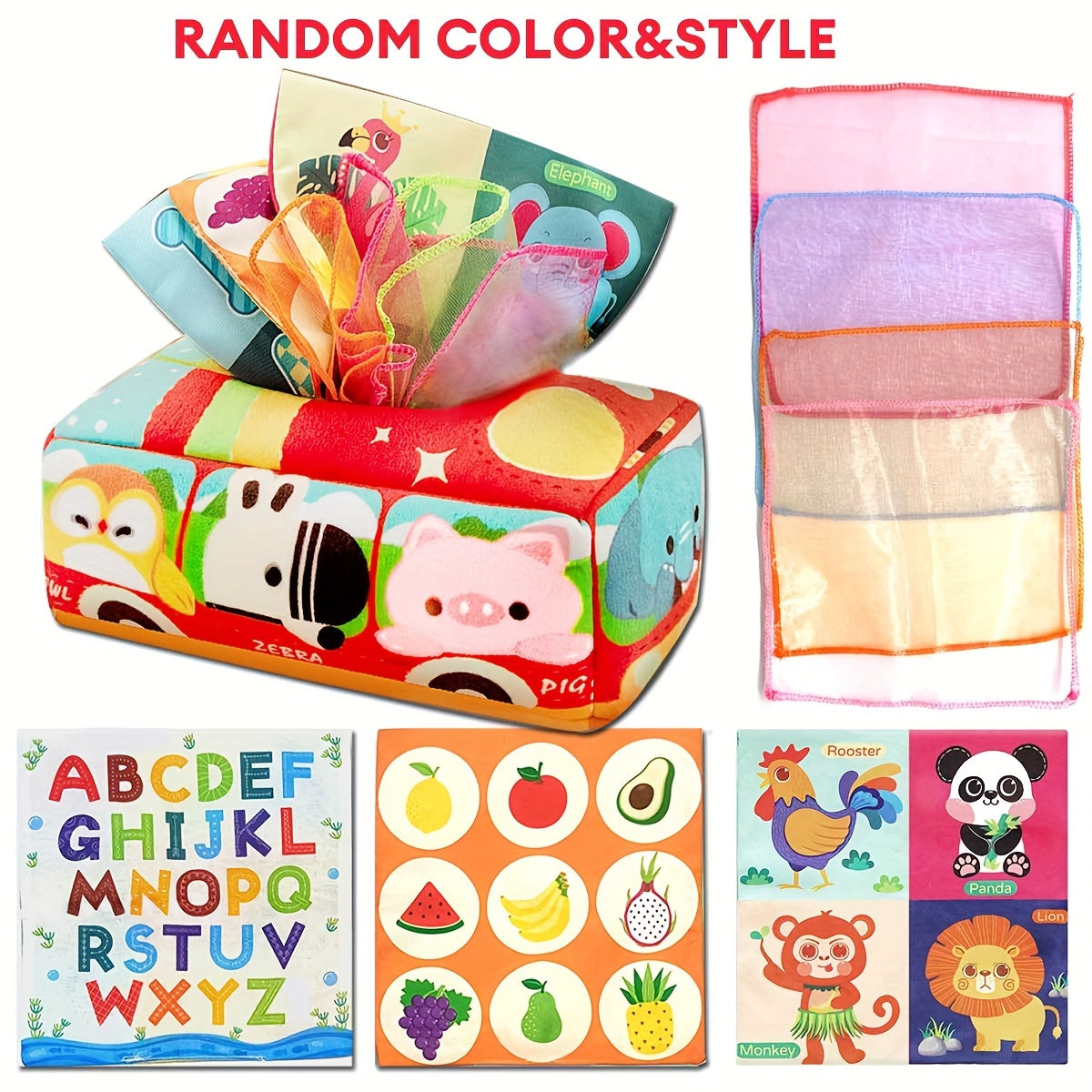 Animal Sensory Learning Toy Set with Tissue Box, Scarf and Crinkle Paper for Kids
