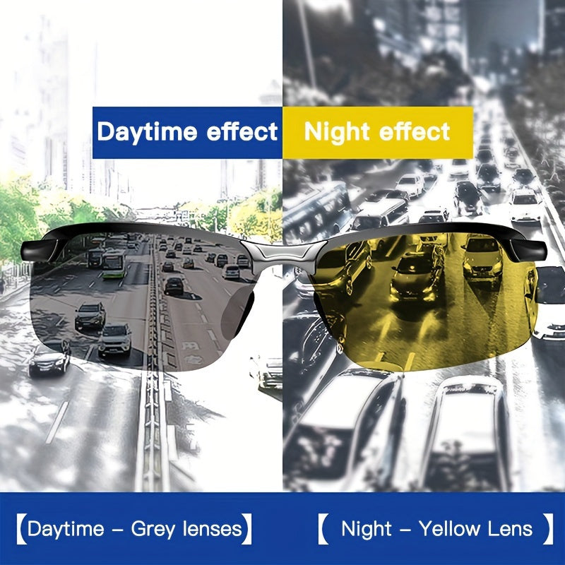 Men Night Vision Driving Glasses Yellow Anti-Glare Semi-Rimless Polycarbonate Frame
