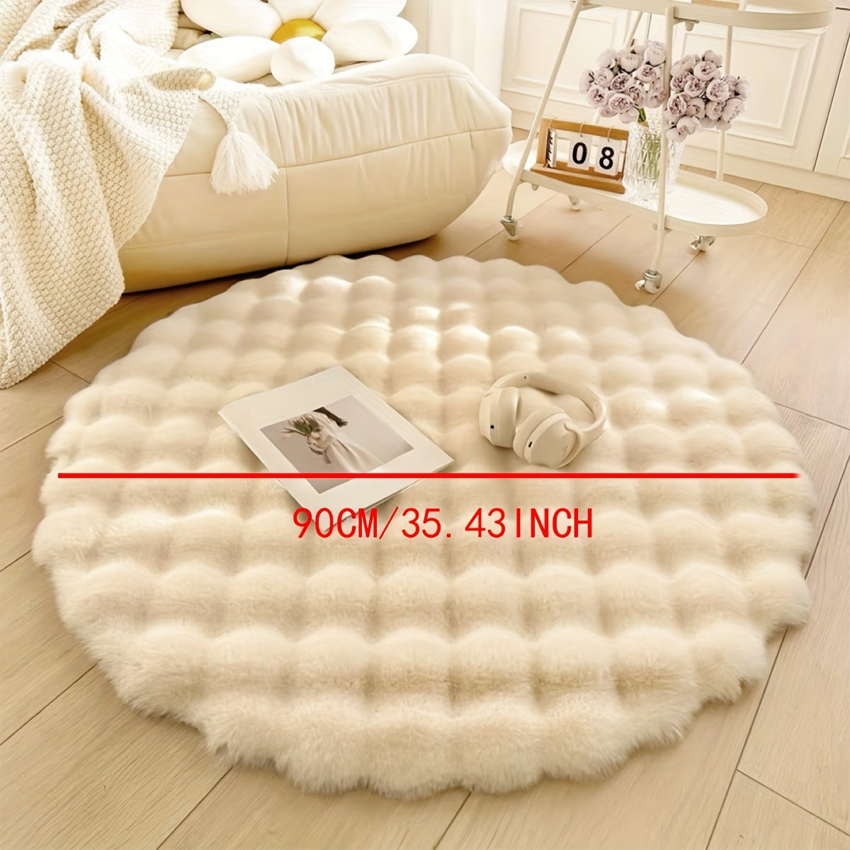Soft Fluffy Bubble Fleece Round Carpet 35.43 Inch for Bedroom Living Room