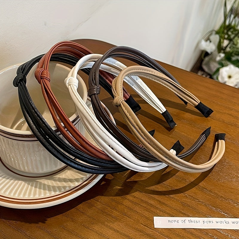 Women's PU Leather Hairbands Set of 5 Wide Side Headbands with Cross Knot Design