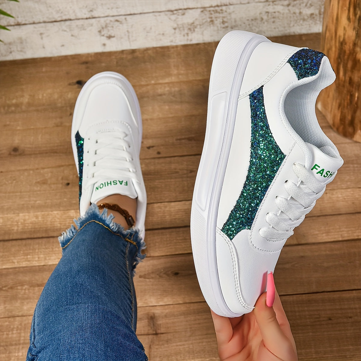 Women's White Glitter Sneakers Lightweight Lace-Up Low-Top Shoes