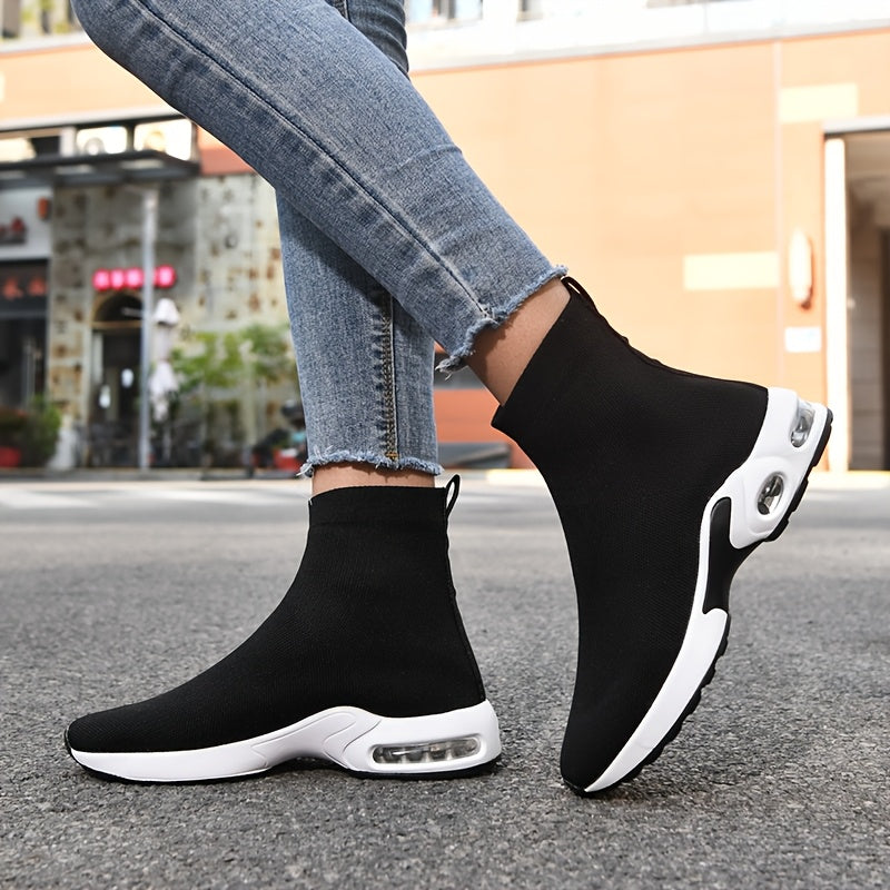 Women's High-Top Knit Sock Sneakers Breathable Air Cushion Casual Black White
