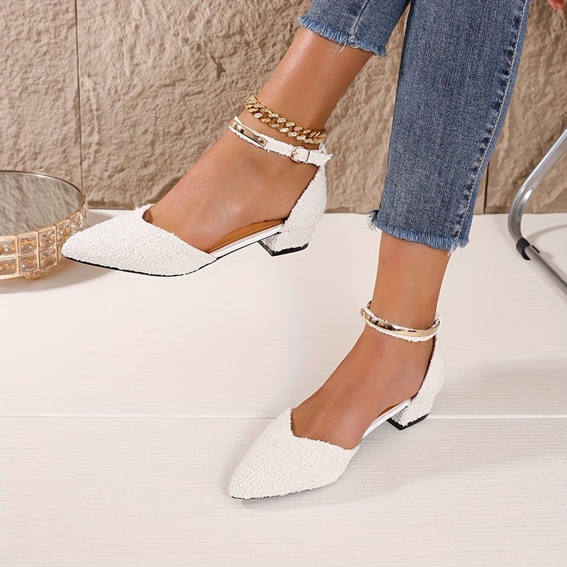 Women's Sandals Woolen Block Heel Ankle Strap Point Toe Dress Shoes