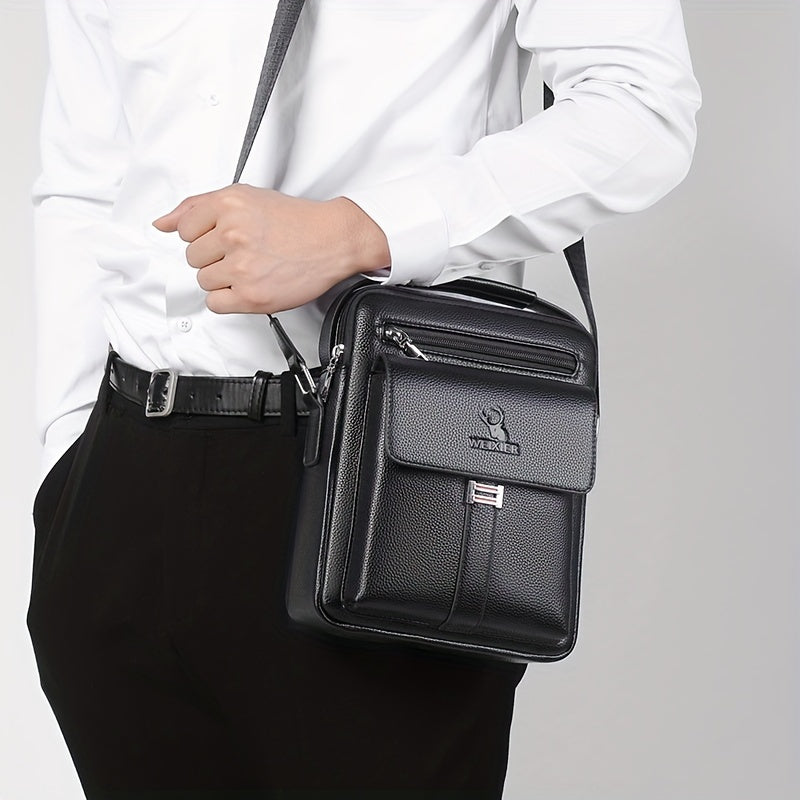 Men's Vintage Business Casual Shoulder Bag Black with Multiple Compartments and Zippered Pockets