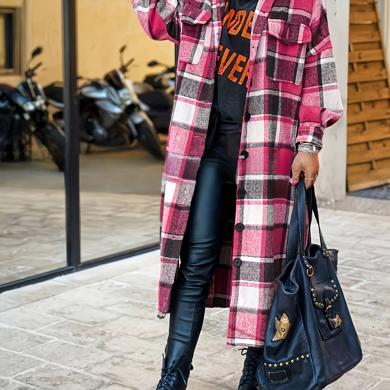 Plus Size Plaid Trench Coat with Side Slits Lapel Collar Fleece Blend Casual Outerwear