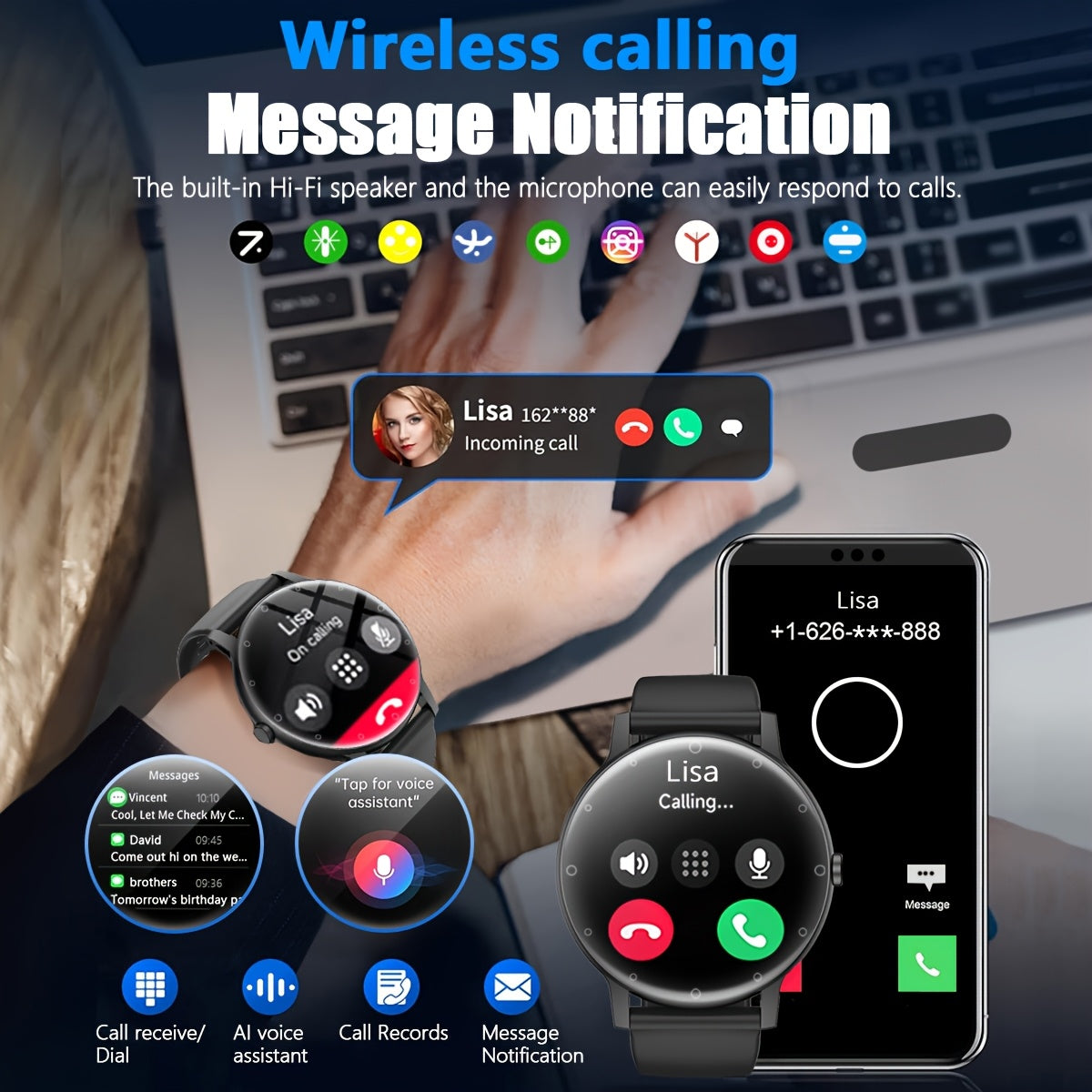 Full Touch Smart Watch with Sleep Tracker Pedometer Music Control and Sport Modes for Android and iOS