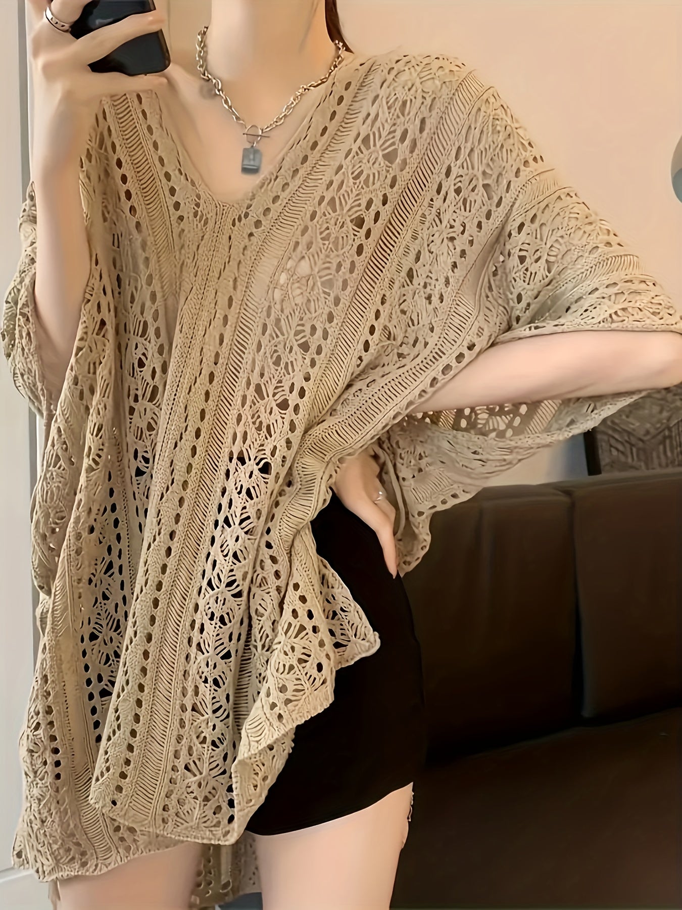 Blusa de punto de talla grande para mujer con manga batwing y escote en V de color sólido