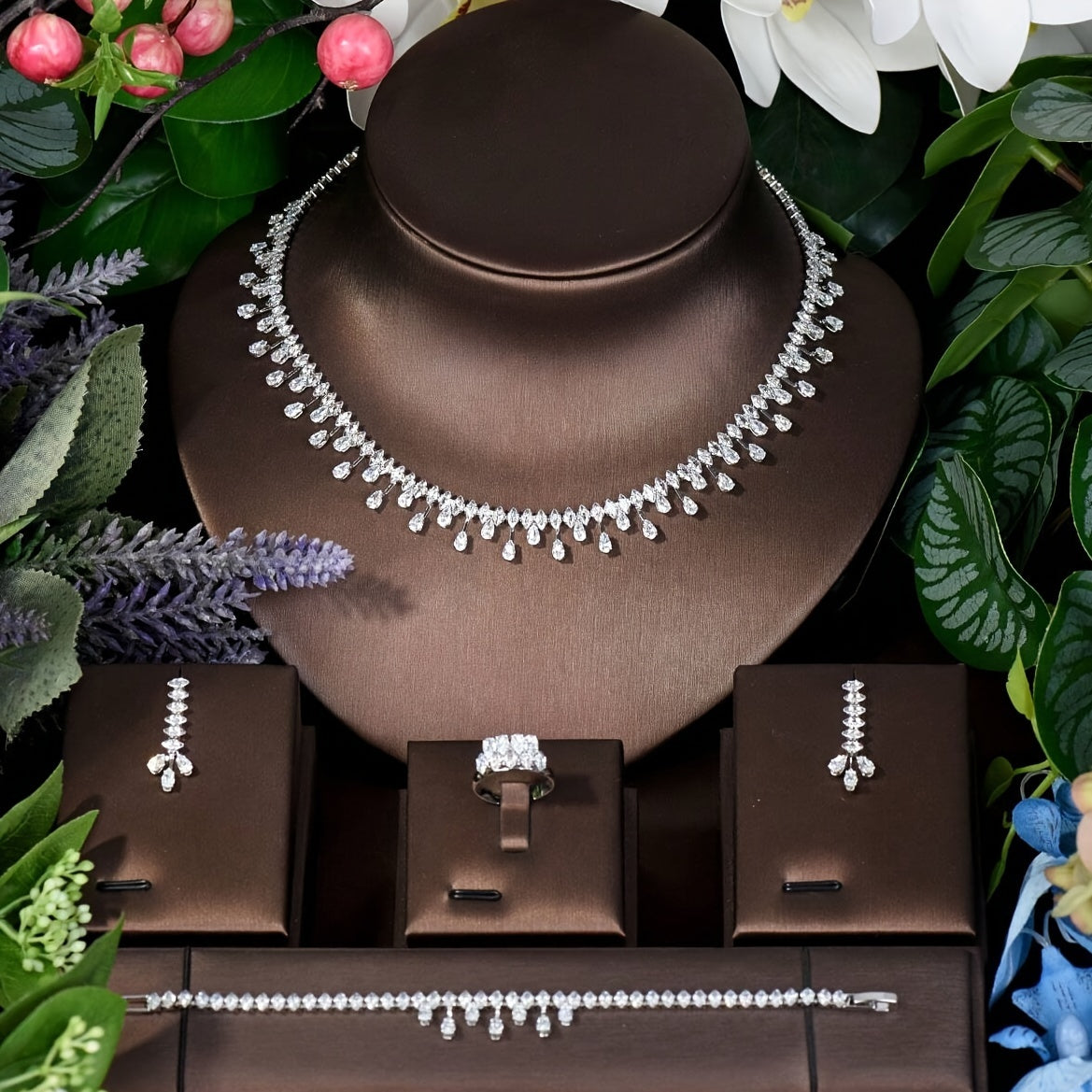 Luxury Wedding Jewelry Set for Women with Cubic Zirconia Necklace Earrings Bracelet Ring