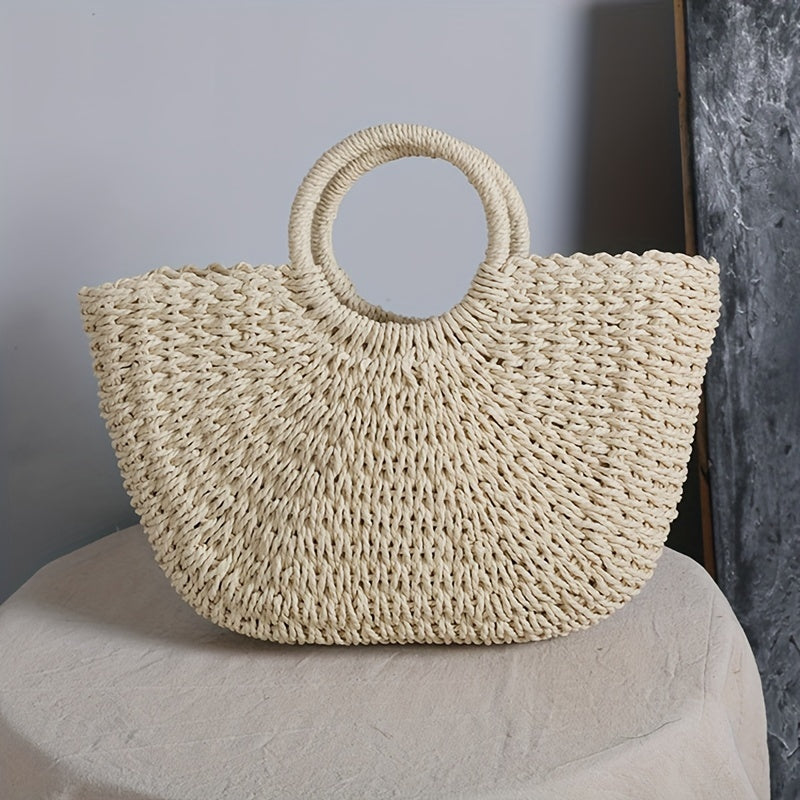 Women's Straw Crescent Bag Vintage Woven Shoulder Bag Beige Khaki