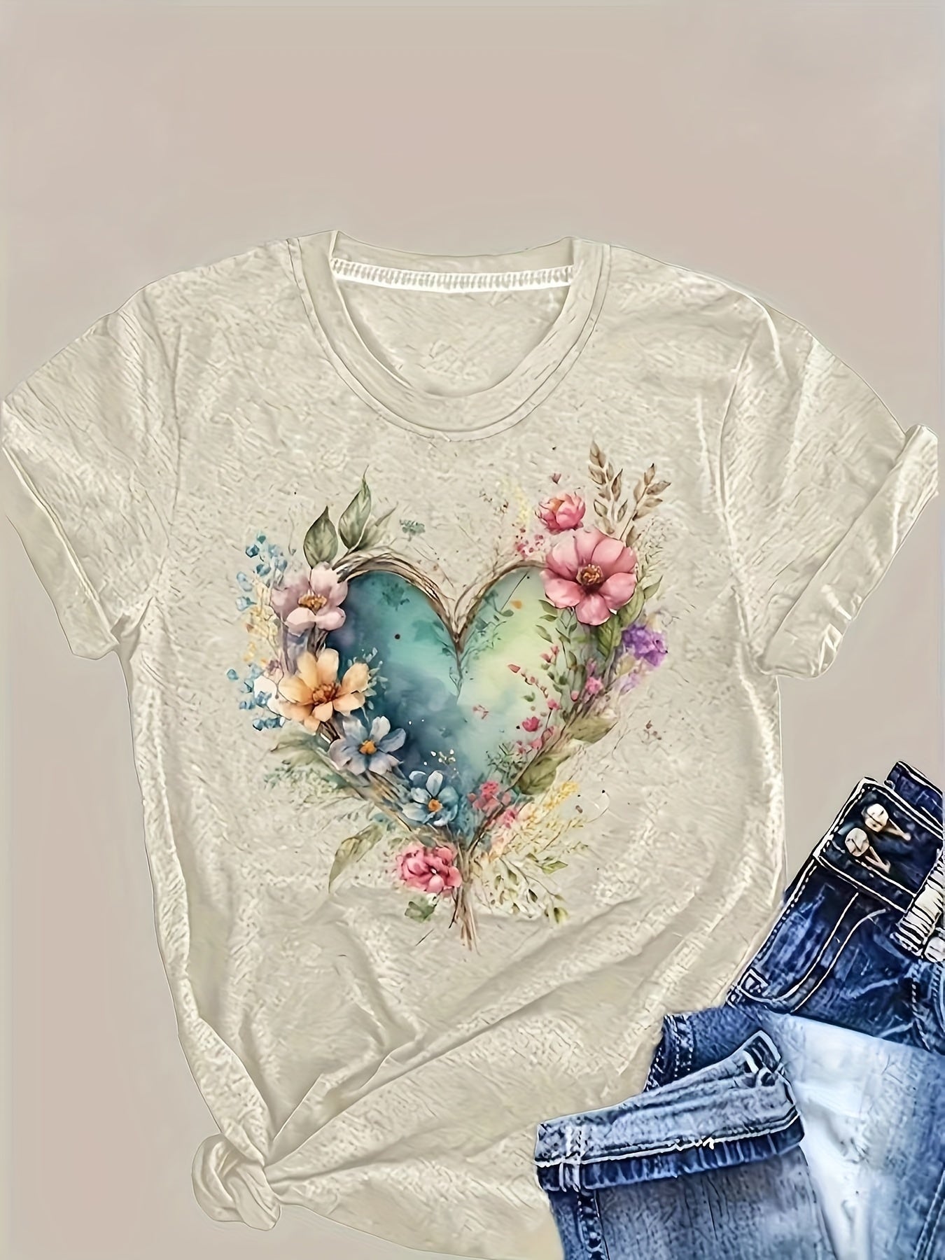 Plus Size Floral Print T-Shirts Pack of 3 Casual Crew Neck Polyester Knit Summer