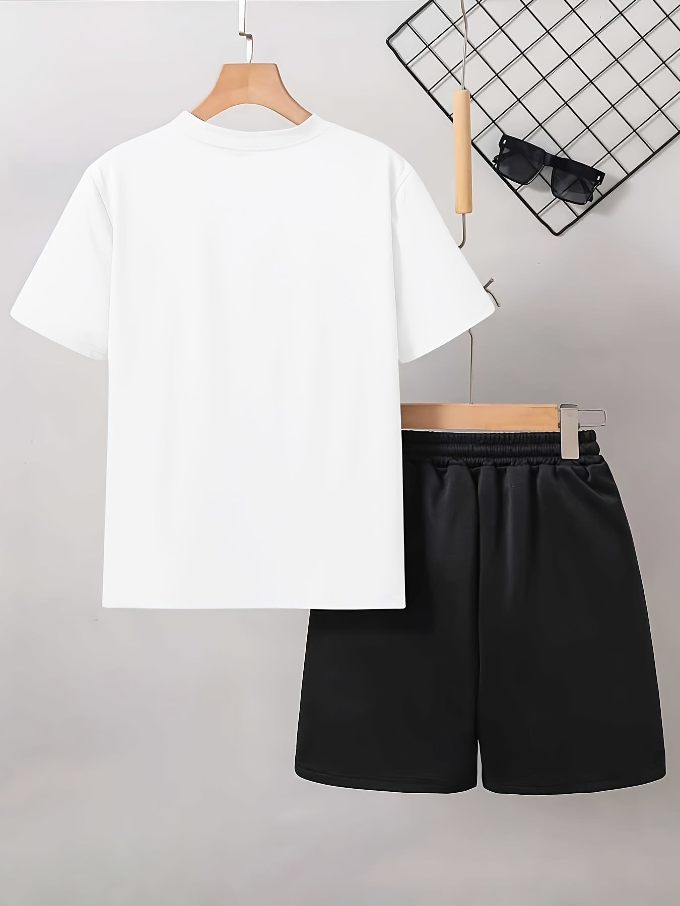 Men's Casual Leopard Print Tee and Shorts Set Light Gray Black White Polyester Summer