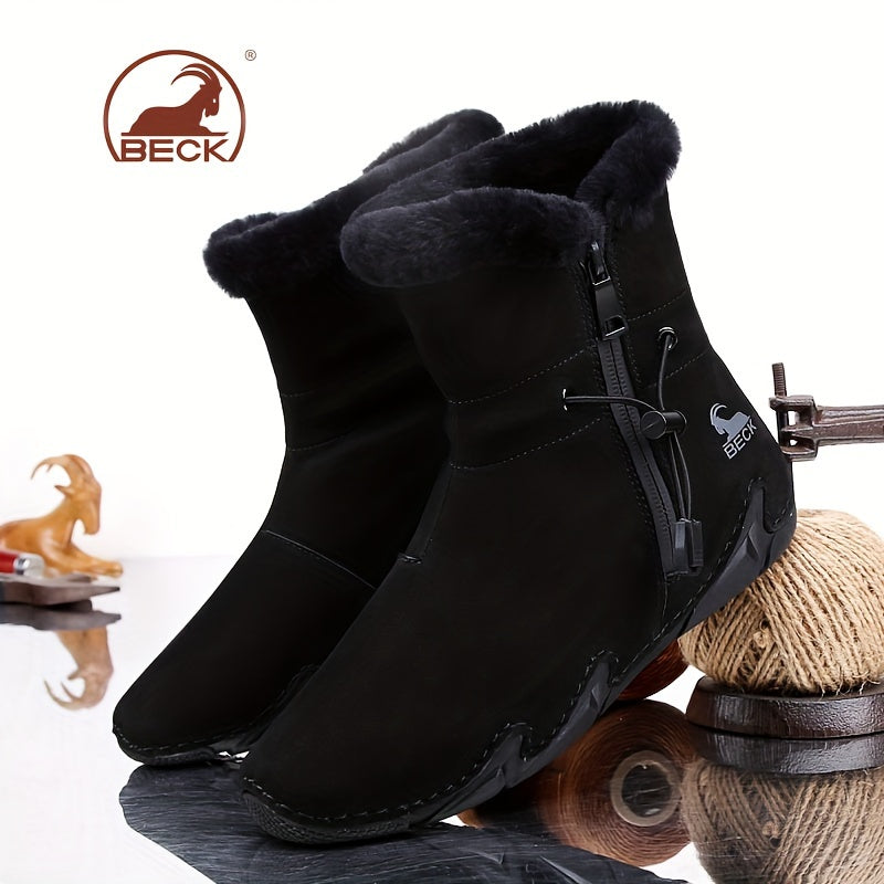 Women's Leather Winter Snow Boots with Fluffy Side Zipper and Warm Lining