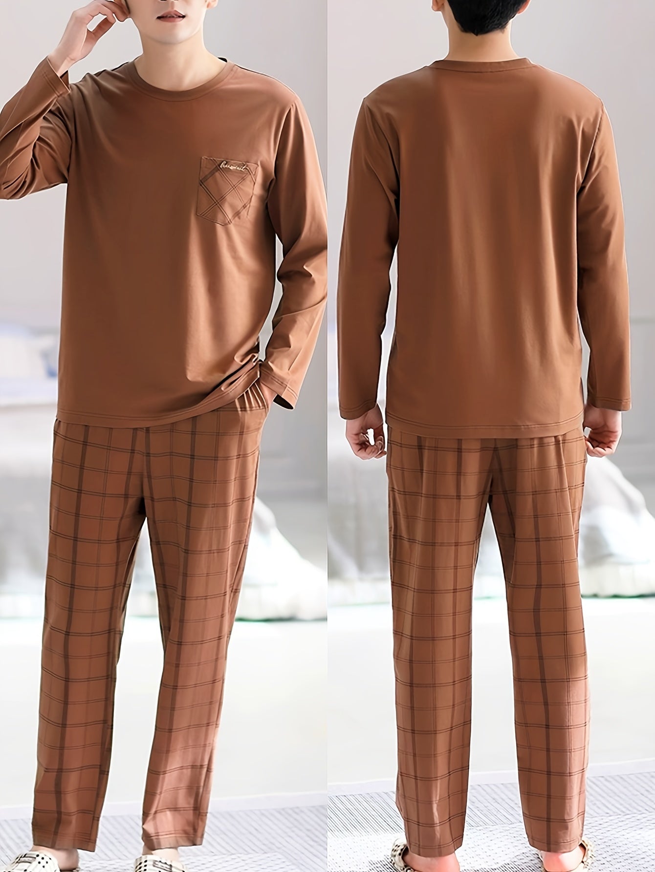 Conjunto de pijama casual para hombre, camiseta de manga larga con cuello redondo, pantalones de cuadros con bolsillos, mezcla de poliéster