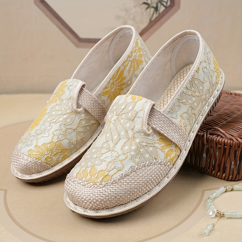 Women's Breathable Canvas Low-Top Shoes with Floral Pattern, Soft Non-Slip Sole