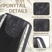 Women Black Synthetic Straight Ponytail Hair Extension 81.28cm Drawstring Style