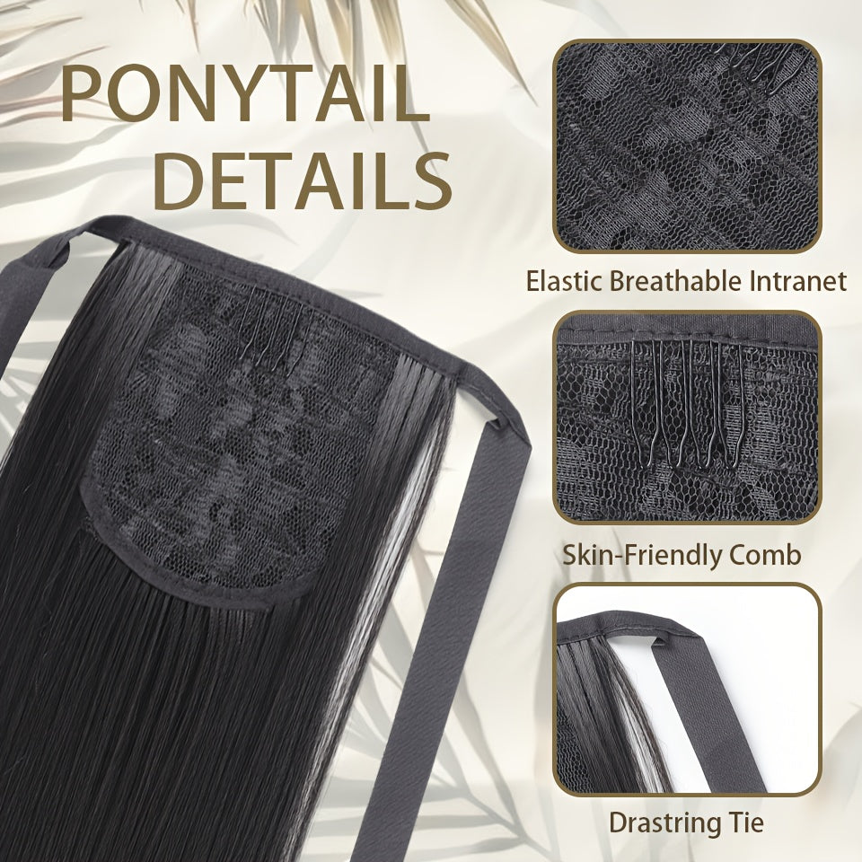 Women Black Synthetic Straight Ponytail Hair Extension 81.28cm Drawstring Style