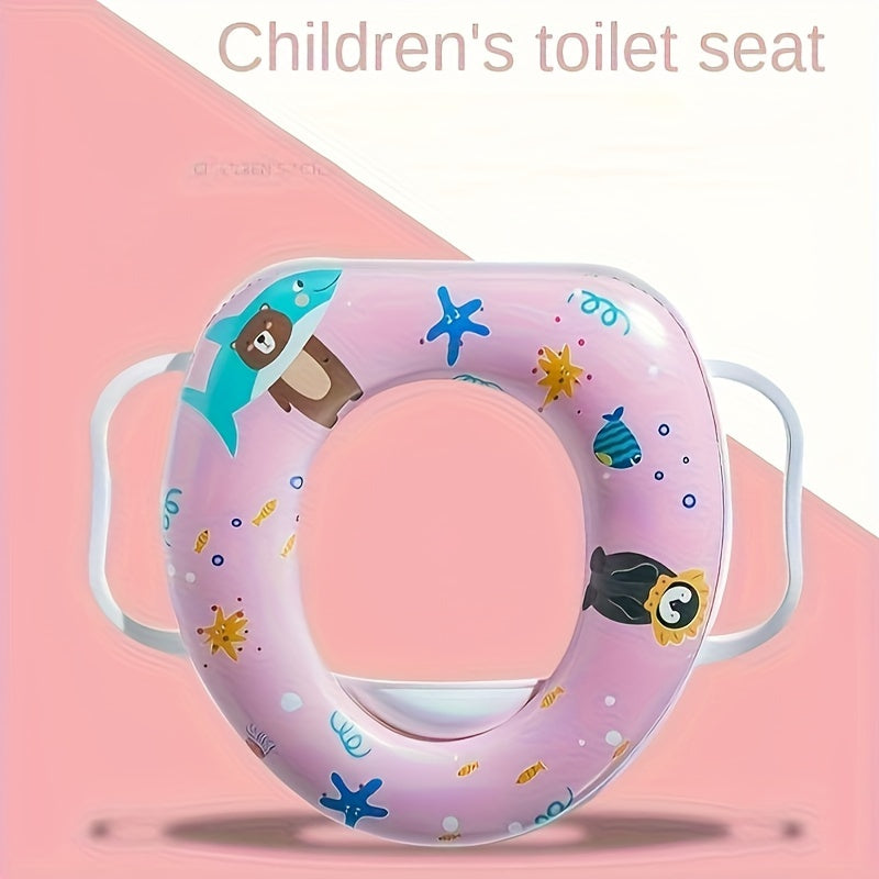 Asiento de entrenamiento para inodoro suave para niños con asas, cojín y diseño de dibujos animados