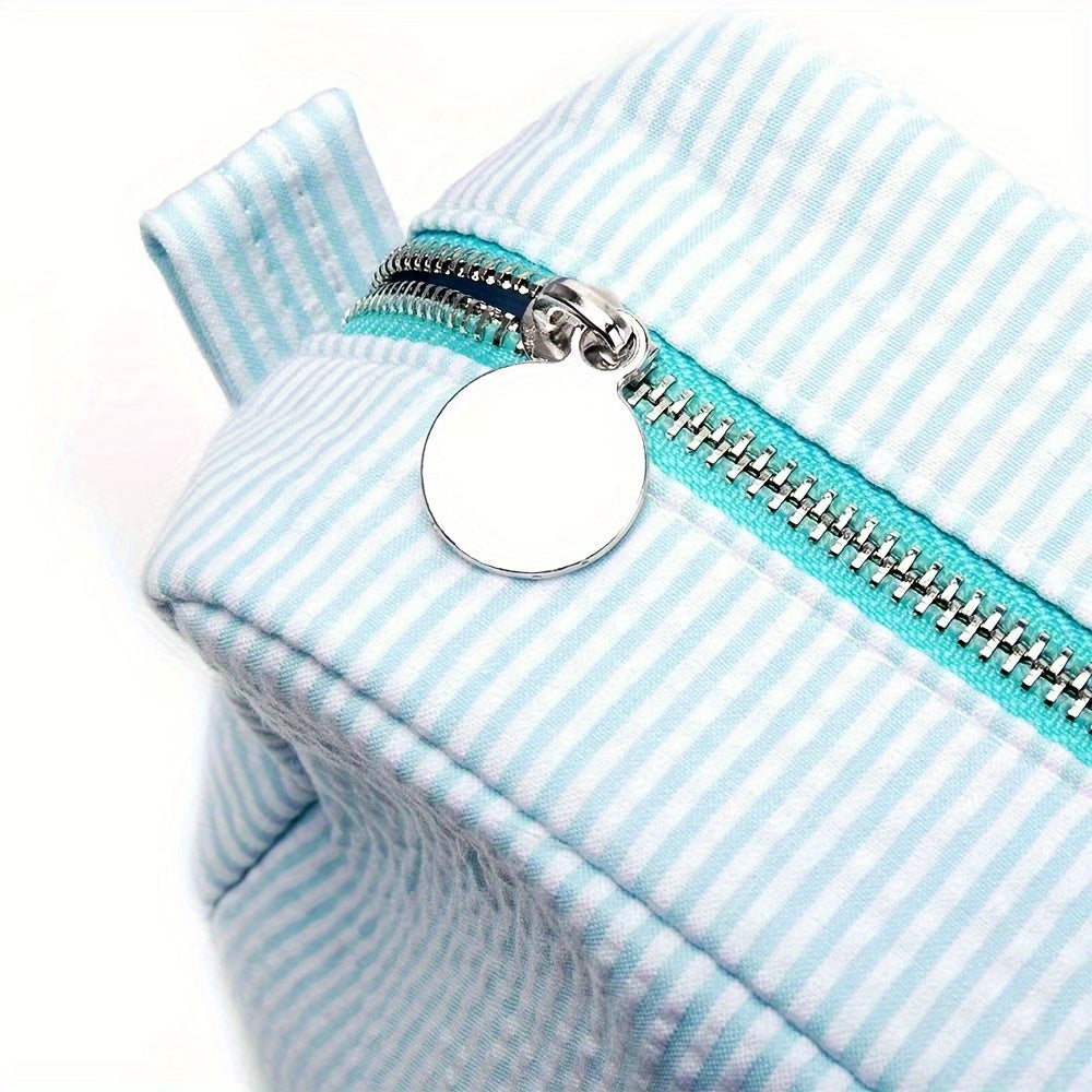 Neceser de maquillaje de lona a rayas bordada para niñas y adolescentes, azul, con cremallera, organizador de viaje