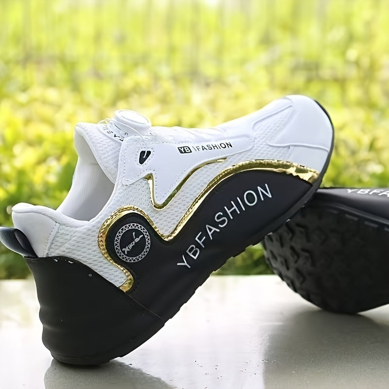 Men's White Mesh Athletic Sneakers with Rubber Sole and Gold Accents