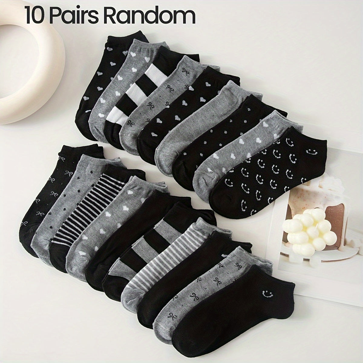 Women's Ankle Socks Black Grey Geometric Pattern 10 Pairs Knit Fabric Spandex