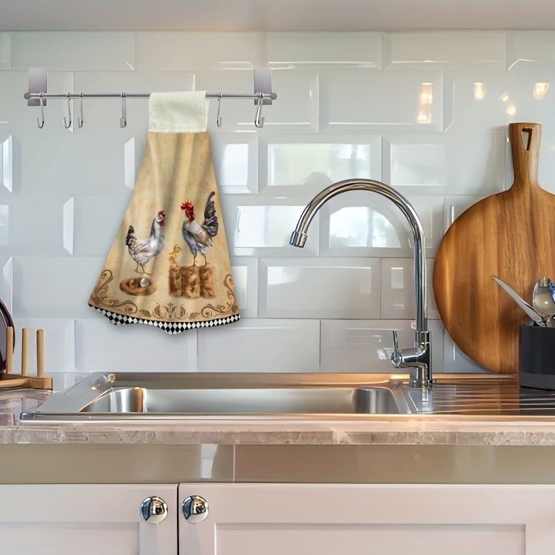 Microfiber Kitchen Towels Set of 2 Vintage Chicken Design Animal Themed Cloths with Loop