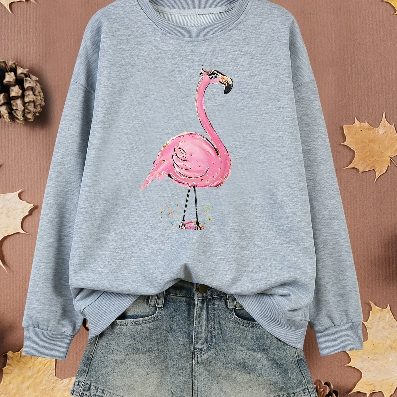 Women's Plus Size Flamingo Print Pullover Sweatshirt Long Sleeve Fall Spring