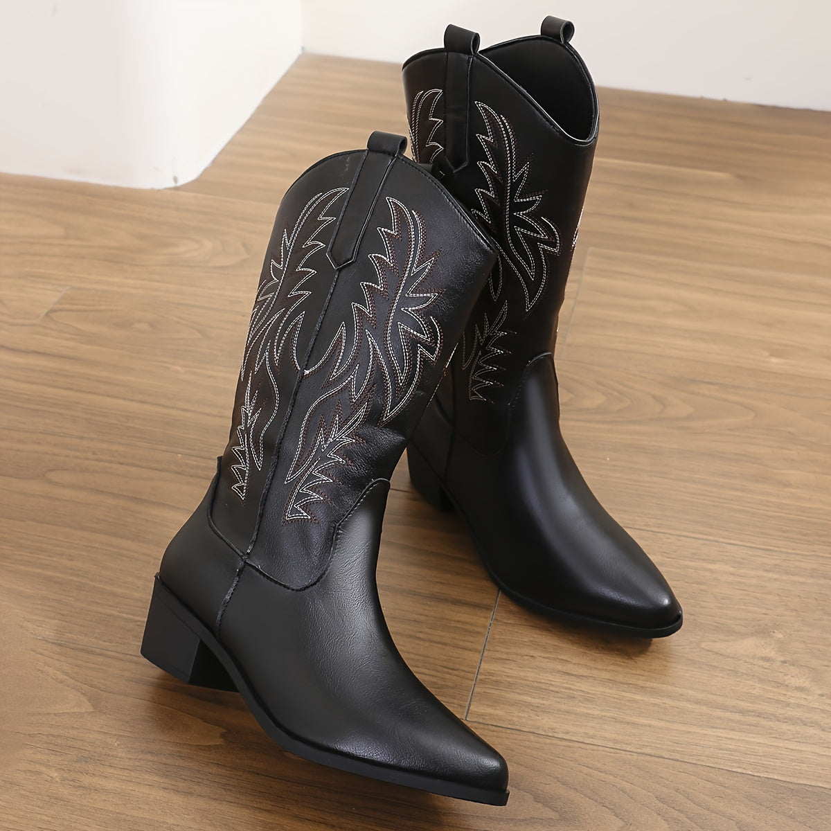 Women's Black Western Style Slip-On Cowboy Boots with Embroidery, Plus Size