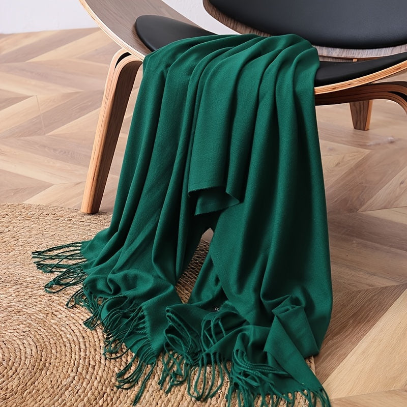 Unisex Solid Color Tassel Scarf Cashmere Feel Large Block Design Versatile Wrap