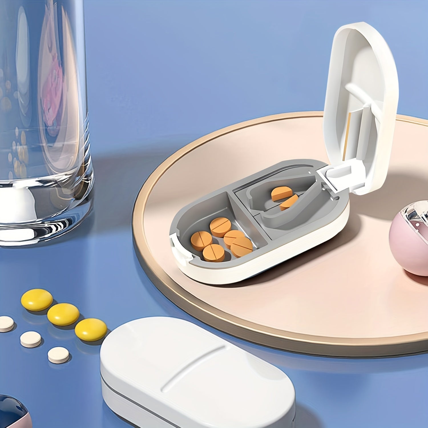 Travel-Size 2-in-1 Pill Cutter and Box Silicone Steel Portable Medication Splitter