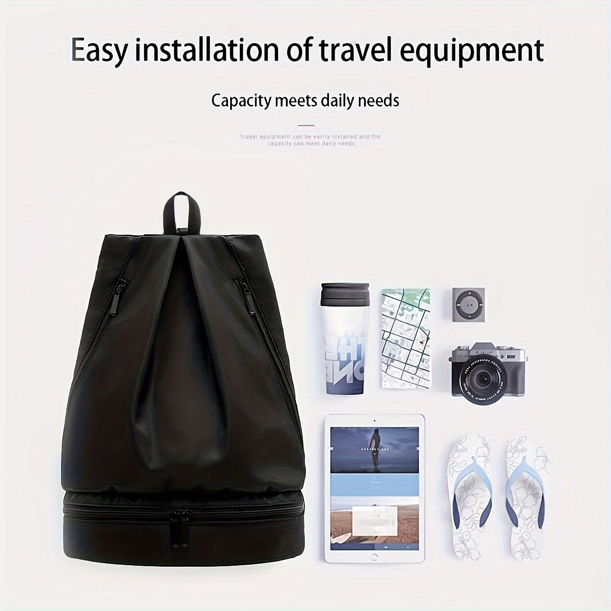 Black Waterproof Polyester Casual Daypack Backpack with Shoe Storage