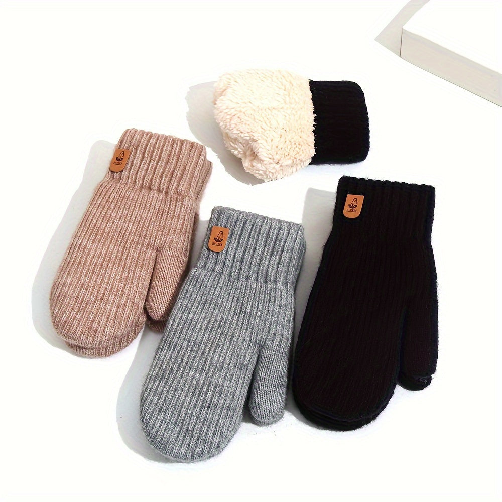 Women's Fleece-Lined Gloves Solid Color Striped Knit Warm Casual Outdoor