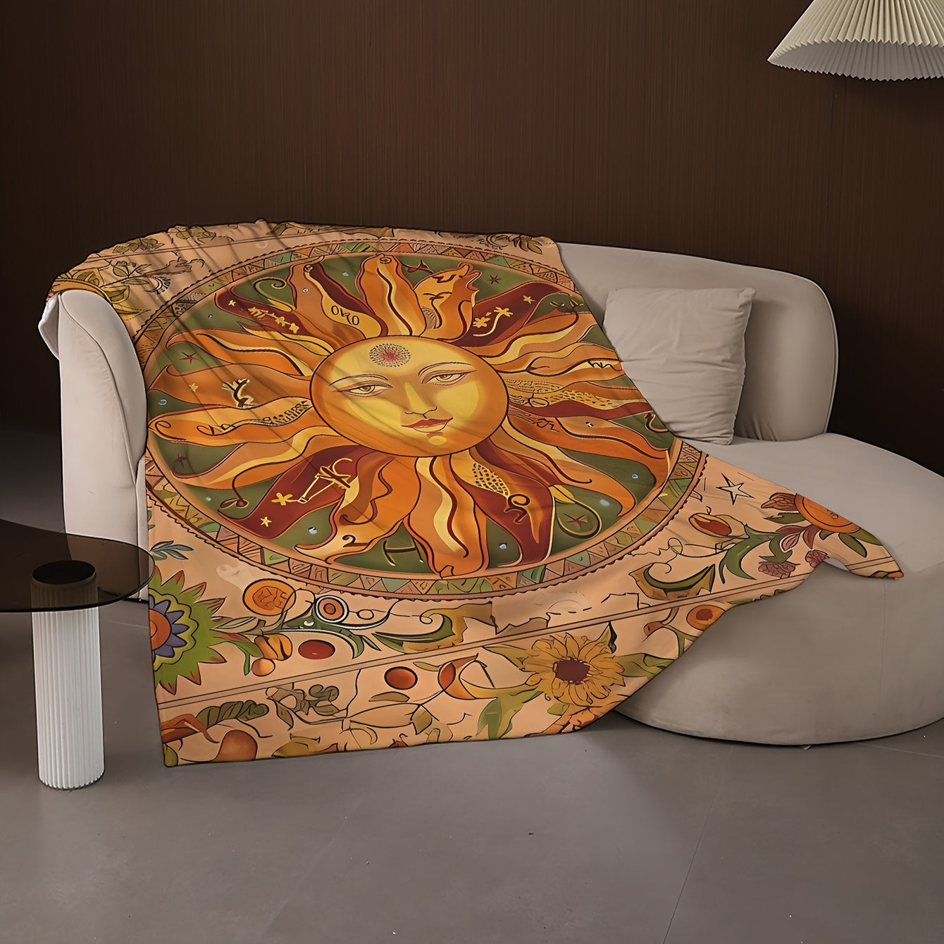 "Quyosh naqshli bosma tashqi ko'rpa, yumshoq va plush polyester to'qima matodan tayyorlangan. Zamonaviy uslub uchun raqamli bosma xususiyatlariga ega. Divan, yotoq, ofis, lagerda yoki sayohat paytida foydalanish uchun mukammal. Uy bezatish uchun ideal va"