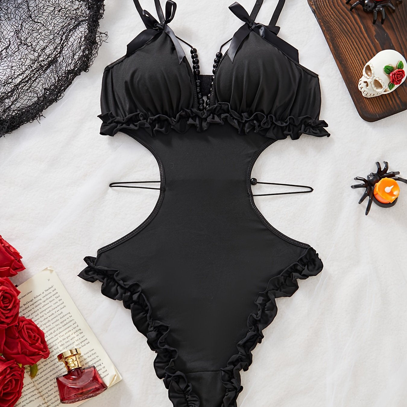 Сексуальный боди без спинки с глубоким V-образным вырезом и бантовыми плечевыми ремнями, милый дизайн.